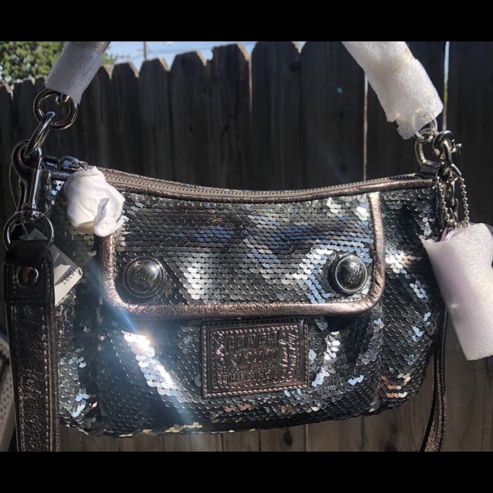 NWT RARE Coach gray sequin Poppy cross body bag